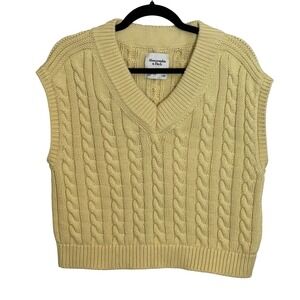 Abercrombie Fitch Mens Cable Knit V Neck Sweater Vest Large Butter Yellow Preppy